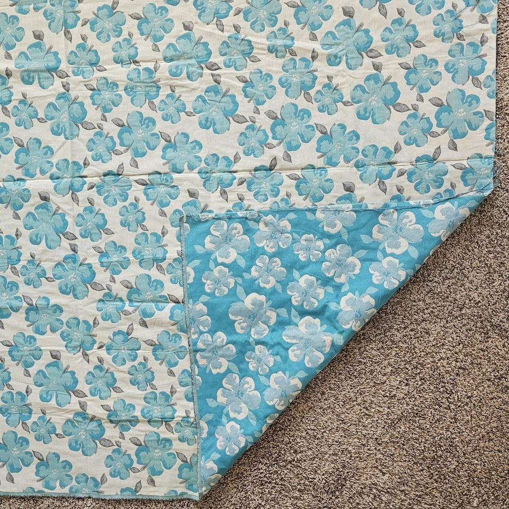 1950s 1960s Jacquard Fabric Double Sided Blue Hybiscus Floral 2 Yards x 57 Inch - Picture 5 of 9